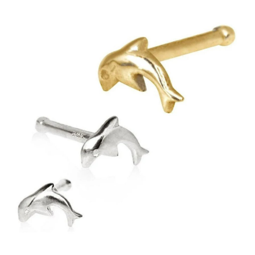 Nose Ring Stud Dolphin 14k Solid Yellow & White Gold Nose Ring/Dolphin Nose Ring